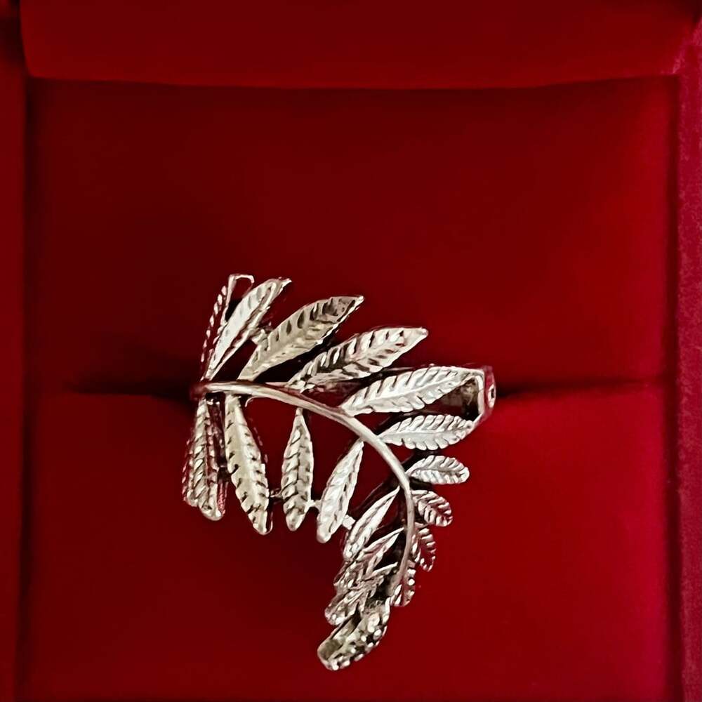 Silver Leaf Ring Titanium Steel Silver Statement Band Size 8
